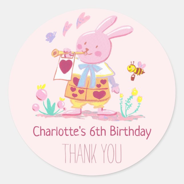 Adesivo Redondo Coelhinho Rosa Queijo na Aquarela do Jardim (Frente)