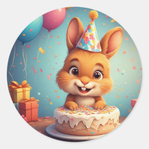 Adesivo Redondo Coelho Adorável Comemorando Aniversário com Bolo