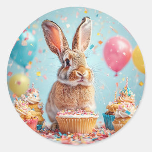 Adesivo Redondo Coelho Alegre Celebrando com Cupcakes
