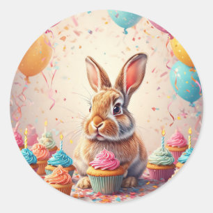 Adesivo Redondo Coelho Alegre com Cupcakes 🎉 Celebração Fofa