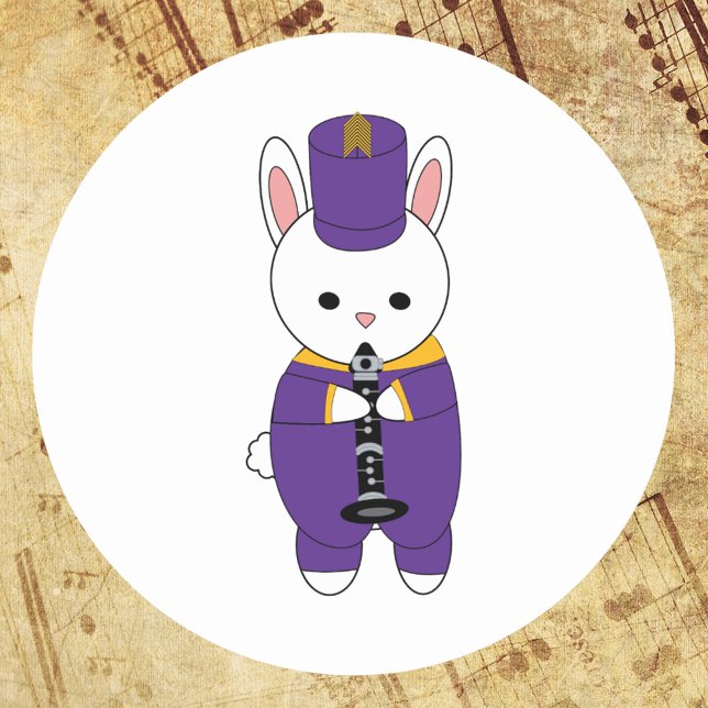 Adesivo Redondo Coelho Banda Clarinet Puprle Amarelo (A sticker of a clarinet playing bunny rabbit in a purple and yellow gold marching band uniform.)