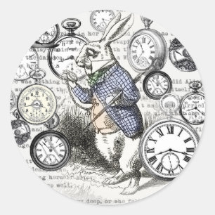 Adesivo Redondo Coelho Branco Alice Relógios Arte Mundo das Maravi