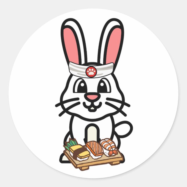 Adesivo Redondo Coelho branco engraçado é um chef de sushi (Frente)