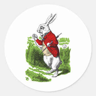 Adesivo Redondo Coelho Branco olhando para o relógio. Ilustraçã