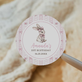 Adesivo Redondo Coelho com Laço Rosa Vintage 1º Aniversário