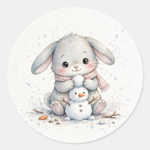 Adesivo Redondo Coelho Construindo um Boneco de Neve Natal