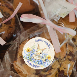 Adesivo Redondo Coelho da Páscoa e Flores Azuis com Narcisos Amare