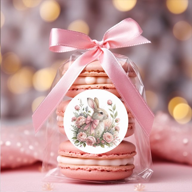 Adesivo Redondo Coelho da Páscoa Laço Rosa Flores (Easter bunny with pink bow sticker)