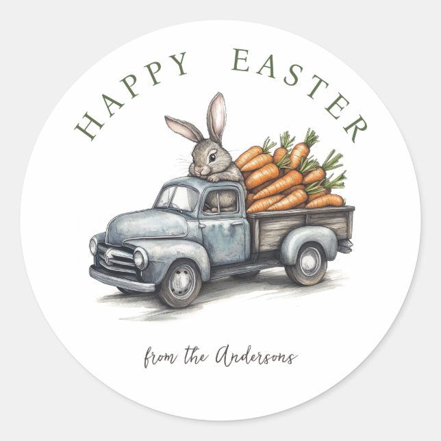 Adesivo Redondo Coelho da Páscoa no caminhão de colheita rústico (Frente)