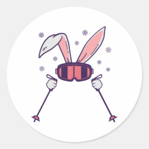 Adesivo Redondo Coelho do esqui com bastões de esqui e óculos de