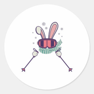 Adesivo Redondo Coelho do esqui com bastões de esqui e óculos de
