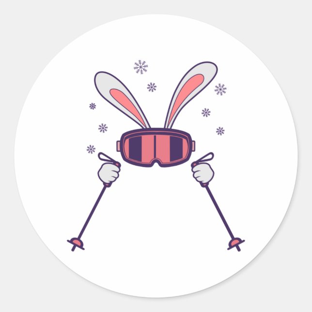 Adesivo Redondo Coelho do esqui com bastões de esqui e óculos de e (Frente)