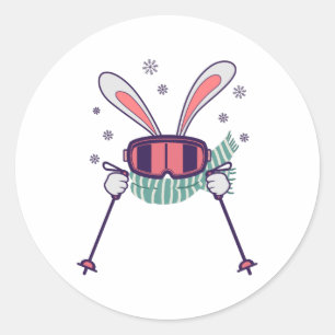 Adesivo Redondo Coelho do esqui com óculos de esqui e cachecol