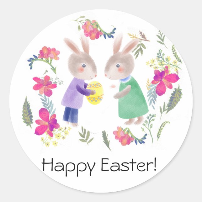 Adesivo Redondo Coelho e ovo delicados de Páscoa aquosa (Frente)