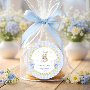 Adesivo Redondo Coelho em Xadrez Azul Baby Shower Obrigado