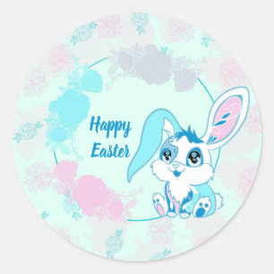 Adesivo Redondo Coelho Feliz da Páscoa Kawaii Azul Fofo
