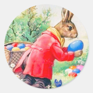 Adesivo Redondo Coelho Fofo Antigo e Ovos de Páscoa Coloridos