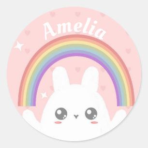 Adesivo Redondo Coelho Kawaii e arco-íris Cute Personalizados
