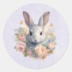 Adesivo Redondo Coelho Rodeado por Flores Pastel Cute