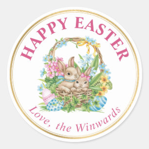 Adesivo Redondo Coelhos de aquarela e Felz pascoa de cesta de ovos