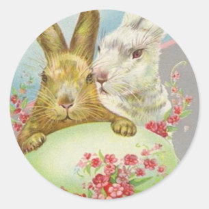 Adesivo Redondo Coelhos de Páscoa Vintage Com Cartão de Páscoa de