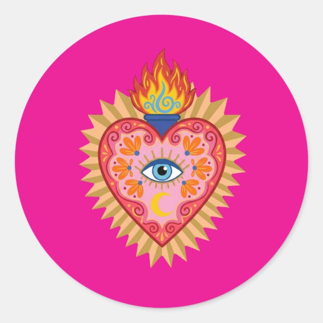 Adesivo Redondo Cœur Sacré Mexicain avec Œil Protecteur et Flamme  (Frente)