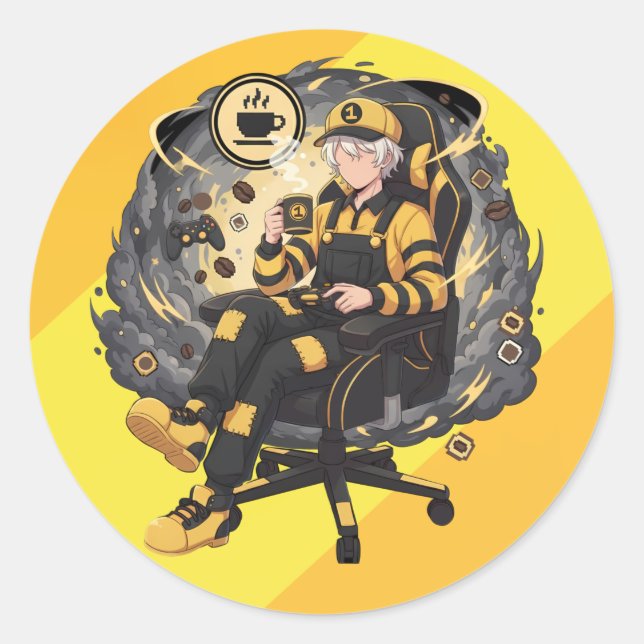 Adesivo Redondo Coffee Gamer Anime Boy Yellow Aesthetic Art (Frente)