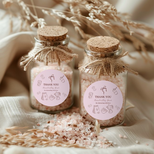 Adesivo Redondo Coffee Pink Bow Cafe Bebe Girl Baby Shower Decor (Criador carregado)