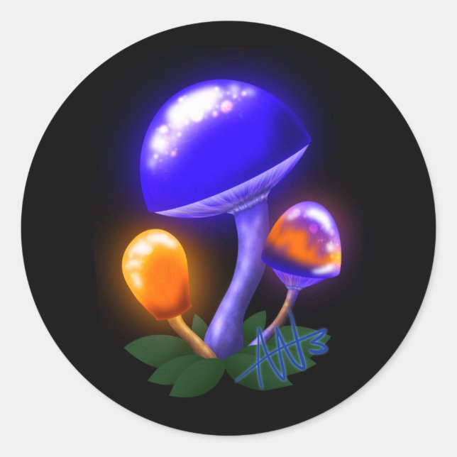 Adesivo Redondo Cogumelo Branco Imaginoso Laranja e Azul (Frente)
