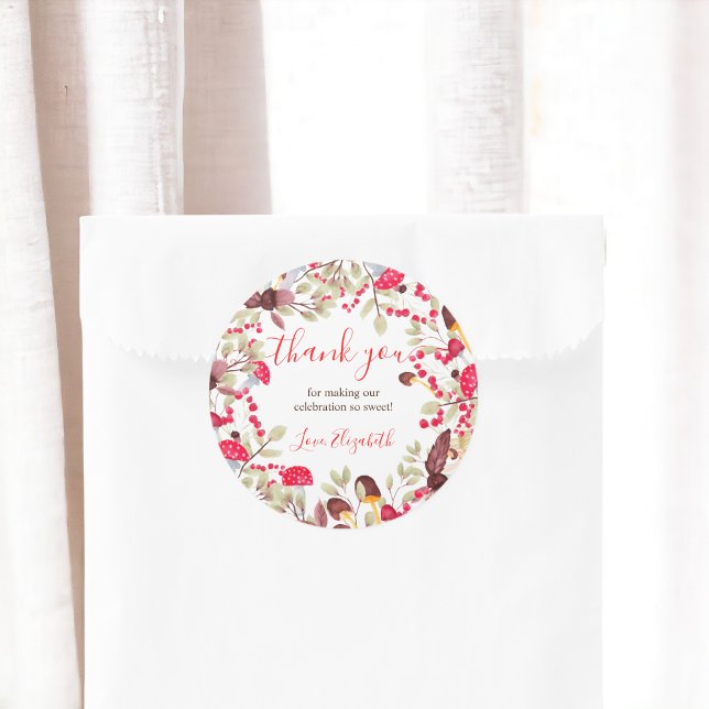 Adesivo Redondo Cogumelo roxo floresta obrigado você chá de fralda (Cute mushroom rustic forest thank you baby shower classic round sticker)