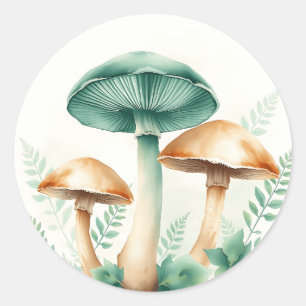 Adesivo Redondo Cogumelos Aquarelas com Ferns