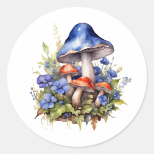 Adesivo Redondo Cogumelos Florestais de Aquarelas e Flores Azuis