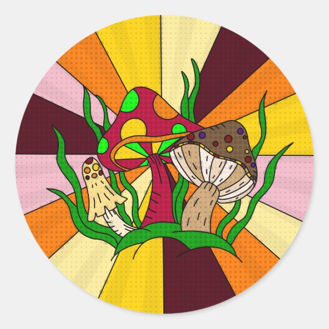 Adesivo Redondo Cogumelos Magos Retroativos Arte Retrópica (Frente)