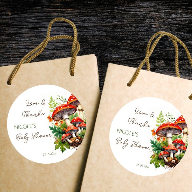 Adesivo Redondo Cogumelos selvagens chá de fraldas obrigado a favo (Wild forest red mushrooms green fern baby shower printed thank you favor stickers )