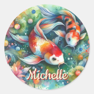 Adesivo Redondo Coi Fish Whimsical Watercolor Personalizado