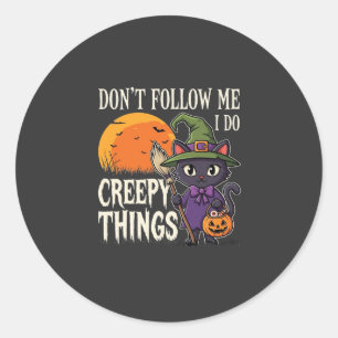 Adesivo Redondo Coisas Assustadoras Gato de Halloween Bruxa Design