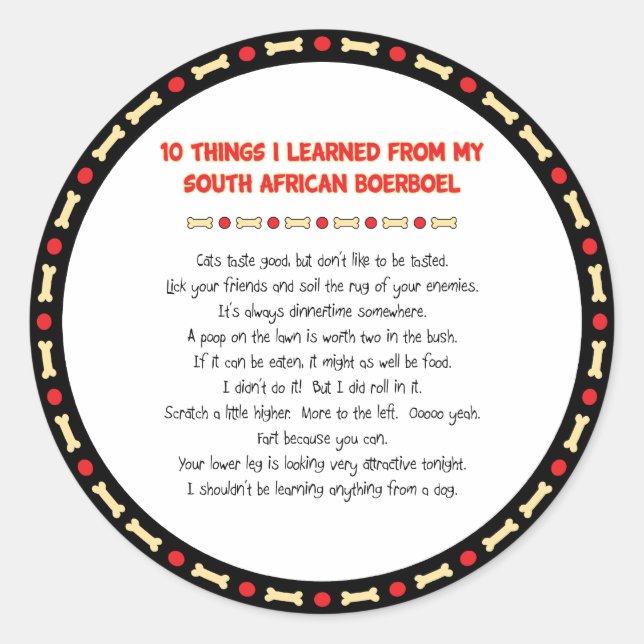 Adesivo Redondo Coisas Engraçadas Que Aprendi Com O Boerboel Da Áf (Frente)