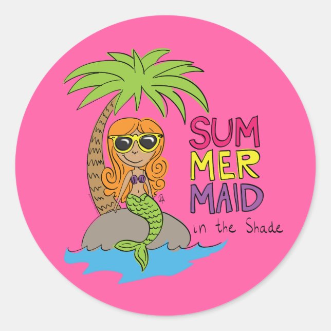 Adesivo Redondo Cola de Sereia de Verão, rosa (Frente)