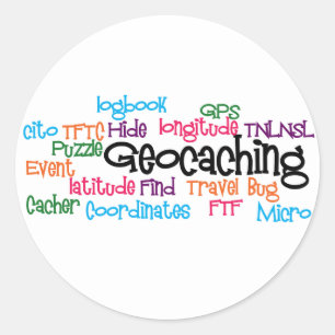 Adesivo Redondo Colagem da palavra de Geocaching