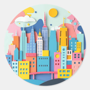 Adesivo Redondo Colagem de Papel Funky Cityscape