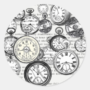 Adesivo Redondo Colagem de Relógio de Bolso Vitoriano Alice no Paí