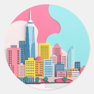 Adesivo Redondo Colagem moderna de papel Cityscape