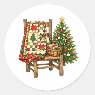 Adesivo Redondo Colcha de Natal em aquarela e árvore de Natal 