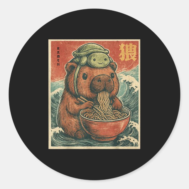 Adesivo Redondo Cole Capybara E Mochila De Tartaruga Ramen Kawaii  (Frente)