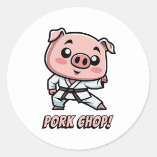 Adesivo Redondo Cole de porco! Cartoon Bastante Karate Pig Pun