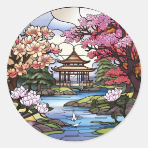 Adesivo Redondo Coleção de Flores de Cereja e Temple Sticker