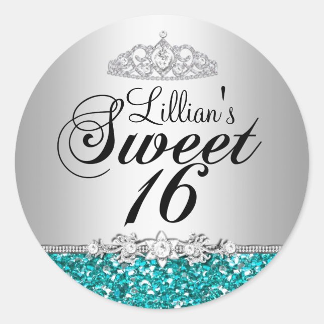 Adesivo Redondo Coleta Teal e Diamond Tiara Sweet 16 (Frente)