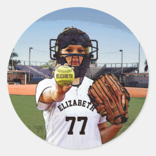 Adesivo Redondo Coletor do jogador de softball com seus nome e