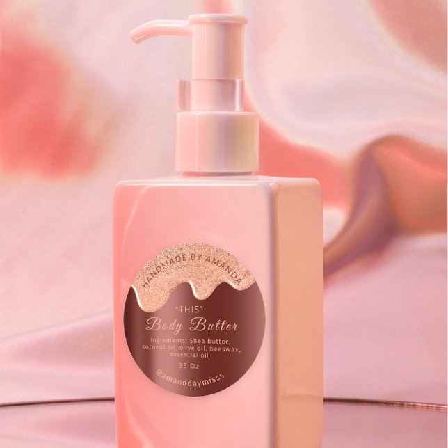 Adesivo Redondo Colírio de Manteiga Corpo Encapsulamento de Produt (Body Butter Drips Product Packaging Rose Brown Classic Round Sticker)