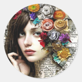Adesivo Redondo Collage Art | Garota Bonito com flores no cabelo